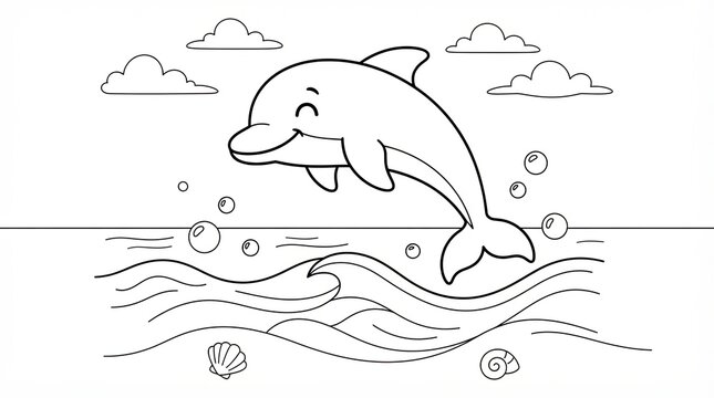 Cute cartoon dolphin jumping in the ocean waves for coloring page