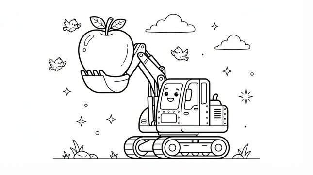 Cute cartoon excavator truck lifting a big apple for children coloring page