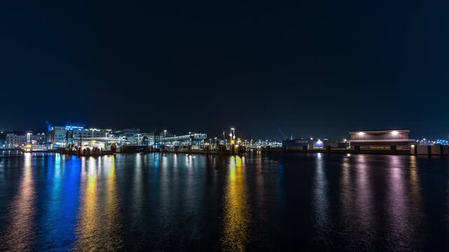 Ferries at Helsingborg Terminal Reflected at Night Timelapse