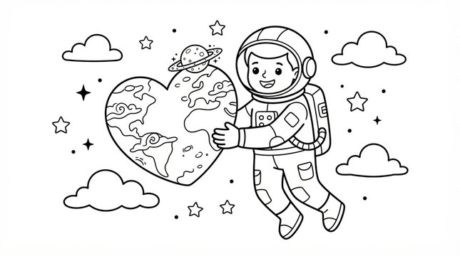 Cute astronaut boy holding a heart shaped earth in deep space drawing