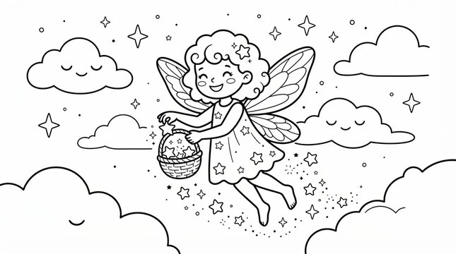 Cute little fairy flying in the sky with a basket of stars coloring page