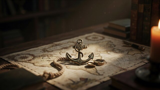 Vintage compass and navigation tools resting on an old parchment map beside a candle