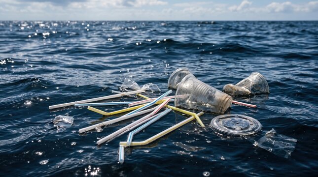 Plastic cups and straws floating on ocean surface, marine pollution crisis, environmental damage from single-use waste, global warming impact, ecological disaster