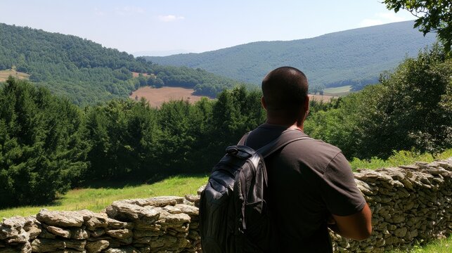 Man stands at a stone wall overlooking green hills and trees in a rural area on a sunny day