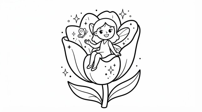 Cute little fairy sitting inside a big flower for coloring page