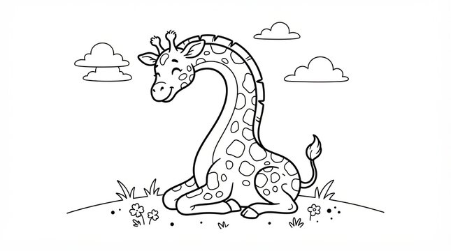 Cute cartoon giraffe sitting in the grass for a coloring book page
