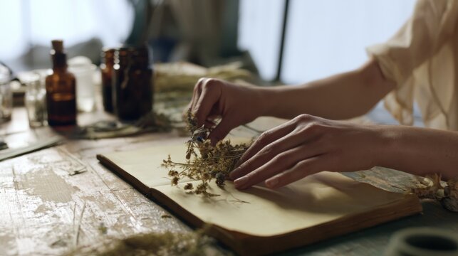 Hand sorting dry herbs on a wooden table in a workshop during the afternoon light