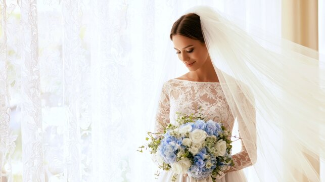 Bride prepares for wedding in bright room with flowers