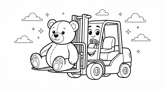 Cute cartoon forklift truck carrying a teddy bear for a coloring page