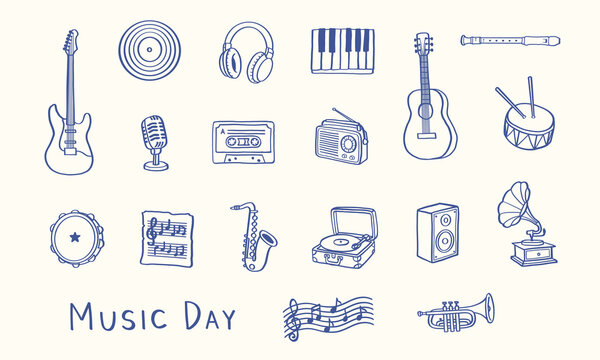 Music Day Hand Drawn Doodle Element Set with Guitar, Piano, Headphones, Microphone, Drum, Saxophone, Trumpet, Record Player and Musical Notes