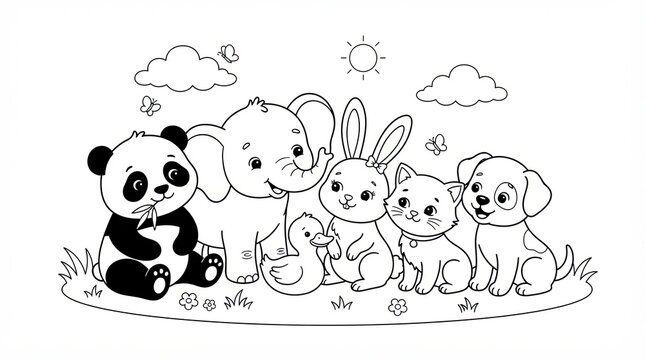 Cute baby animal friends group coloring page for kids to color