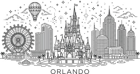 Orlando florida city skyline vector illustration with famous theme park castle ferris wheel hot air balloon buildings and stars © MSTRAZINA
