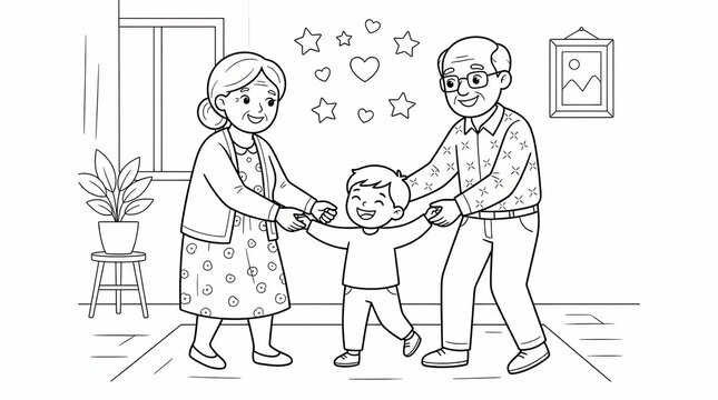 Happy grandparents playing with their grandson in a cozy living room