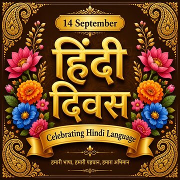 Vibrant Floral Hindi Diwas Greeting Artwork Celebrating Indian Language Day
