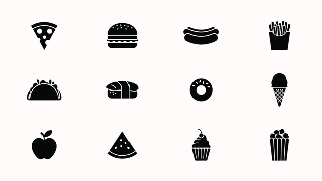 Food icons set with various delicious meals with white background including pizza burgers sandwiches collection black food with collection 12