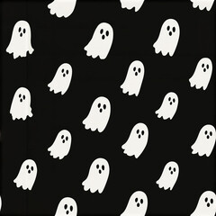 Obraz premium Minimalist Halloween pattern featuring tiny white ghost icons on black background creating spooky festive mood