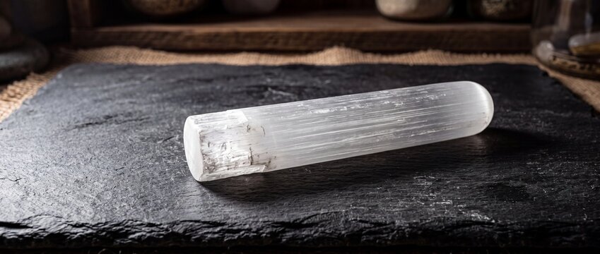 Natural white selenite crystal wand placed on dark slate stone, representing peace and spiritual cleansing