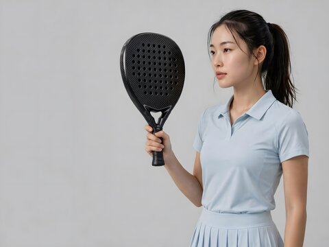 Asian woman holding a padel racket against a grey background