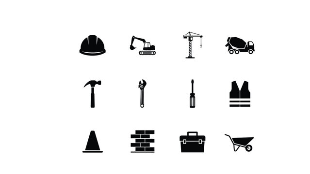 Construction icons set with tools with collection black construction icons white background displays collection cement mixer