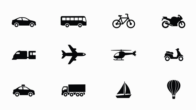 Various transportation modes icons with collection black transportation icons white background hot air balloon motorcycle with helicopter