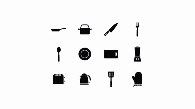 Kitchen utensils with displays collection black kitchen icons white background cooking tools cutting board frying pan oven mitt