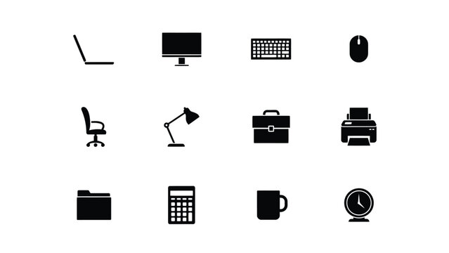 Office supplies with collection black office icons white background background including laptop laptop monitor keyboard keyboard mouse chair