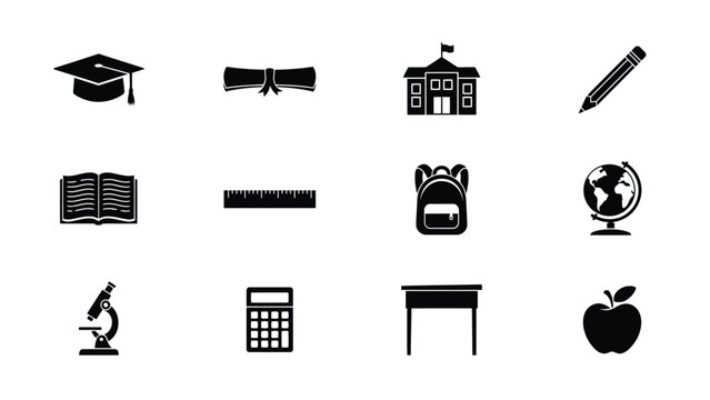 Education icons set school supplies with displays collection black white icons representing various educational elements graduation