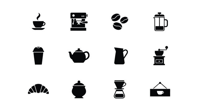 Coffee and tea icons set with various brewing methods with displays collection black icons related coffee baked goods white background