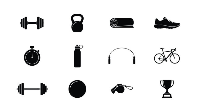 Fitness icons for exercise with including dumbbells kettlebell water bottle headphones running shoe stopwatch black white fitness