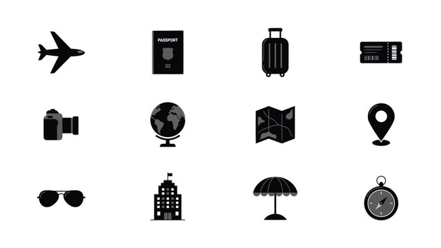 Travel with collection black travel related icons white background sunglasses parachute passport airplane location building