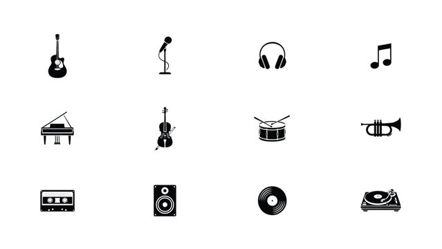 Music icons set with instruments with guitars microphones headphones background including guitars collection black music white background