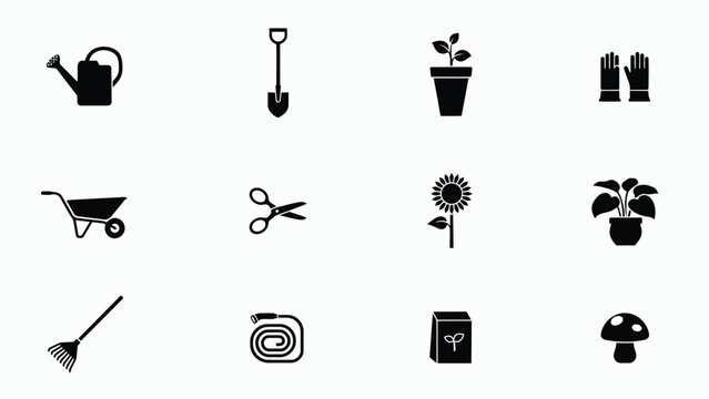 Gardening tools with collection 12 black icons white background watering can seed box wheelbarrow seedling scissors mushroom