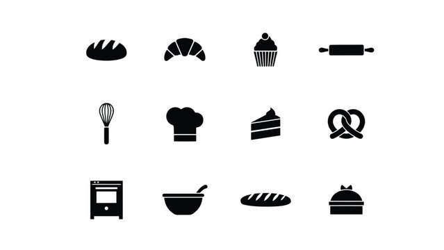 Baking icons set with white background including including bread pastries collection black baking pastries kitchen tools with mixing bowl
