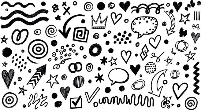 Hand Drawn Abstract Doodle Vector Elements Set with Hearts Stars Arrows Speech Bubbles and Scribbles for Graphic Designs
