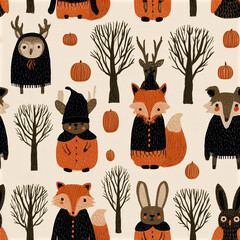 Naklejka premium Minimalist woodland Halloween pattern with fox, owl, rabbit, deer, pumpkin, and bare tree in warm autumn colors