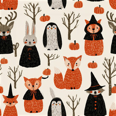 Naklejka premium Halloween fox pumpkin owl deer rabbit witch hat tree autumn pattern cute animal costume