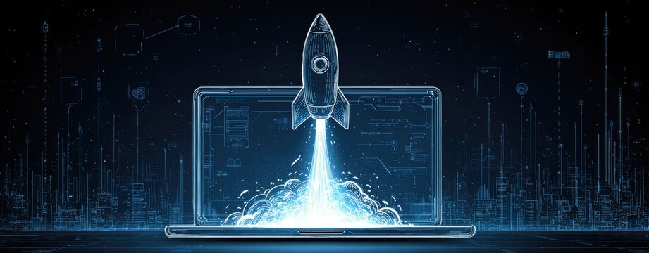 Rocket launching from a laptop, tech startup
