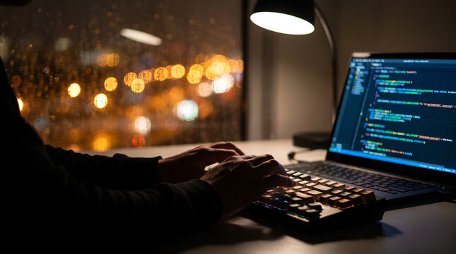 Programmer works late at night typing software code on a laptop computer beside a rainy window in a dark room.