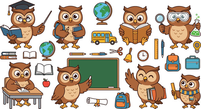 Cute Cartoon Owl Teacher and Student Character Set with Back to School Education Elements Like Blackboard, Books, School Bus, and Science Flask Vector