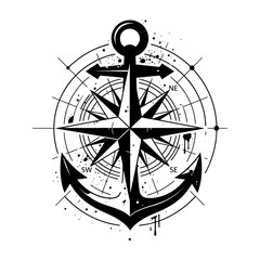 Nautical anchor symbol with compass rose on white background © VectoraCreative