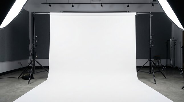 Professional photo studio setup with large white paper backdrop roll and studio lighting equipment backdrop background