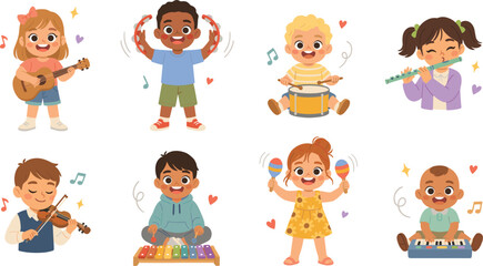 Cute Cartoon Kids Playing Musical Instruments Character Vector Set with Diverse Happy Children Singing Drumming and Dancing for Music School Education Graphic Designs