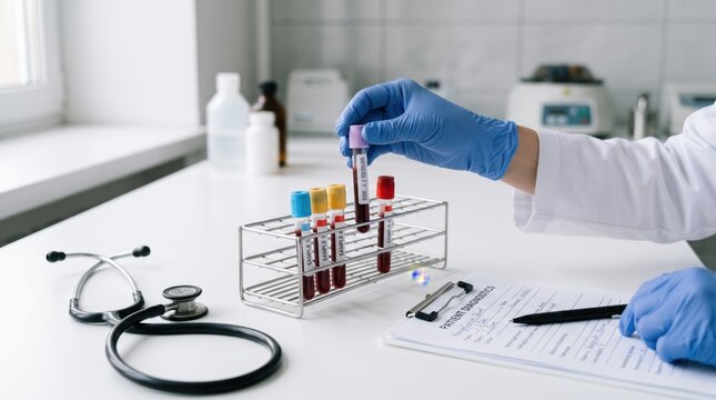 Lab technician handling blood samples in medical laboratory, diagnostic testing and healthcare concept with stethoscope and patient chart on white desk.