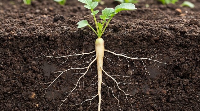 Vegetable seedling taproot growing deep into soil