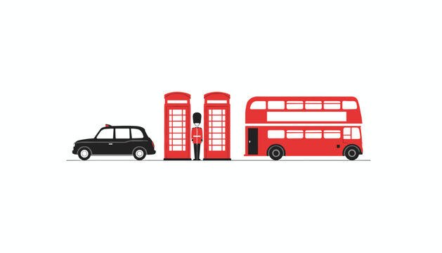 British cultural transportation icons display a black taxi, red telephone booths, a double-decker bus, and a royal guard in a flat vector art style.