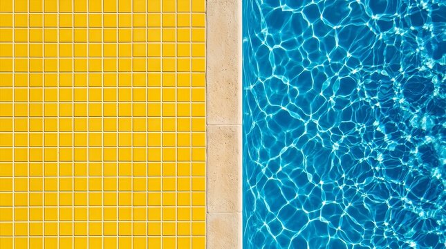 Sunny yellow tiled poolside with deep blue water in a summer scene.