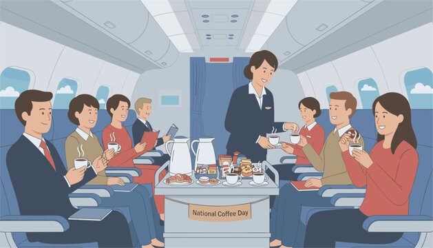 Flight attendant serves beverages to passengers inside an airplane cabin while people enjoy their travel experience during a national coffee day flight.