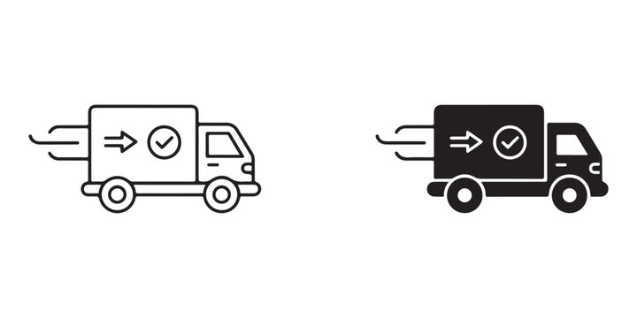 Delivery truck icons with checkmark and clock symbol indicating fast and timely shipping services