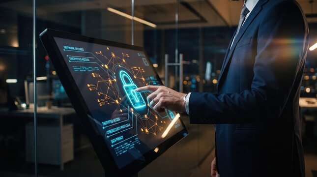 Businessman interacting with cybersecurity network lock on touchscreen, protecting data privacy and encrypted access, corporate security for digital information safety in modern
