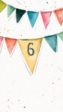 Colorful hand-painted party flags with a yellow banner featuring the number six in a festive and artistic watercolor style on textured paper background